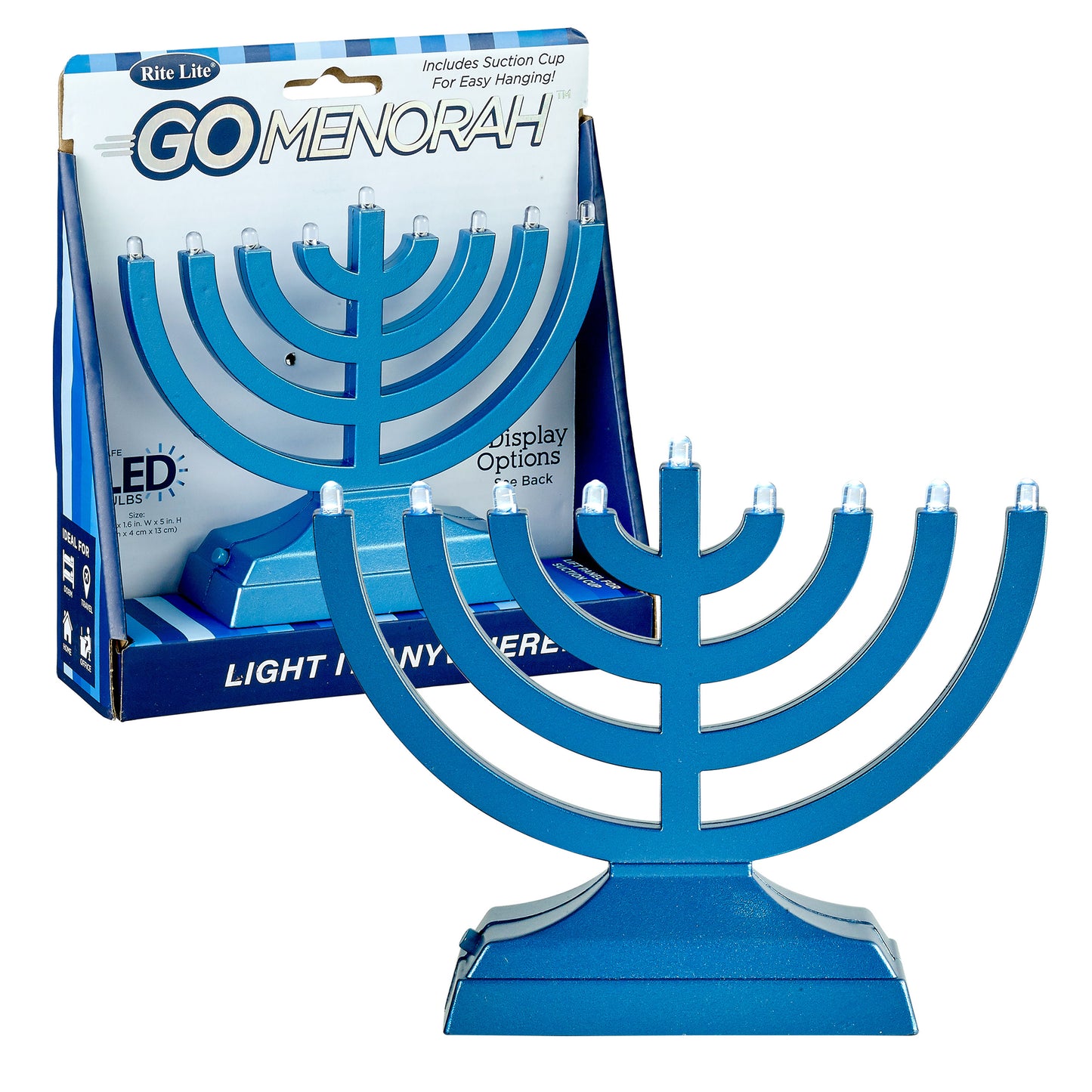 Metallic blue electric menorah with packaging
