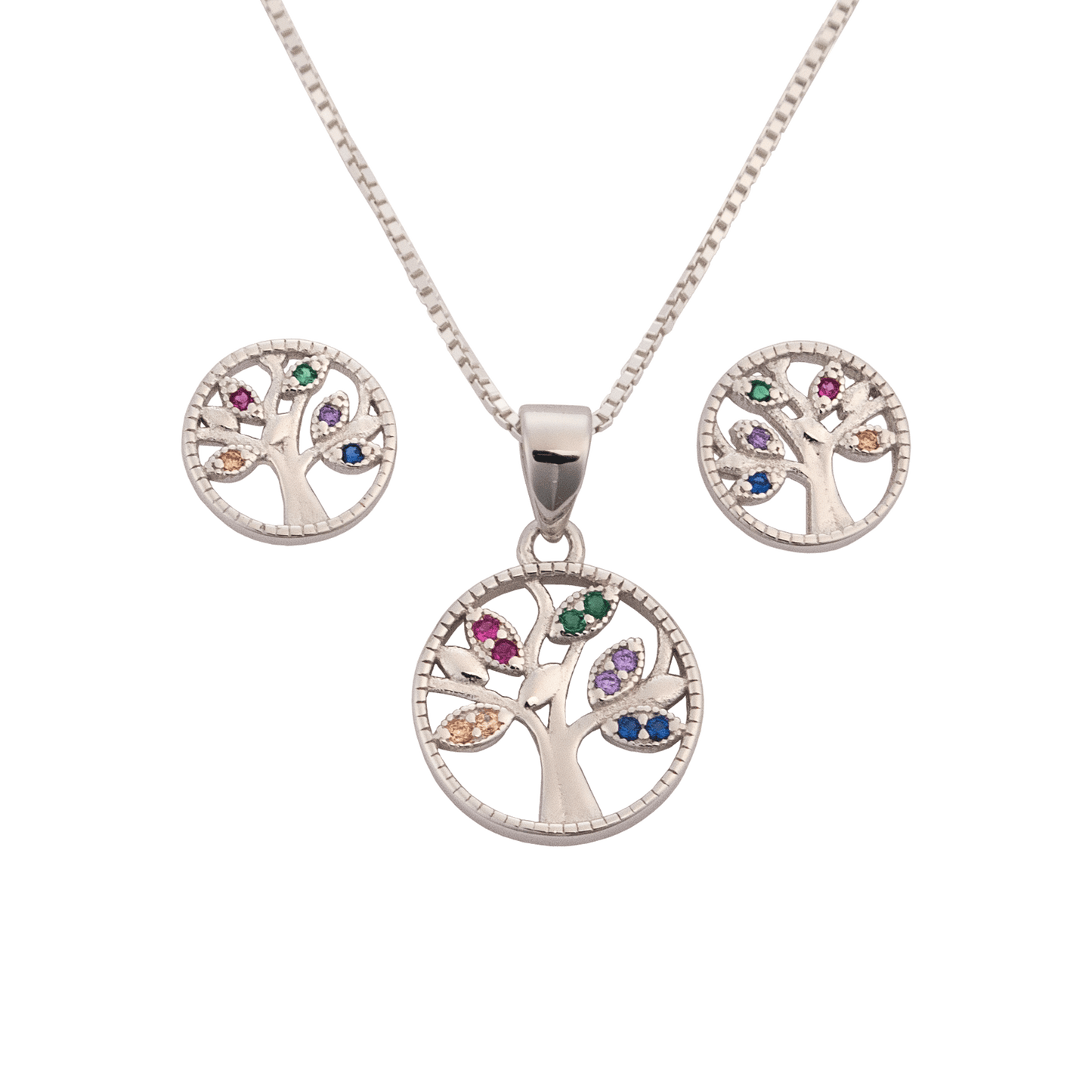 Tree of life silver necklace and earring set with colorful jewels