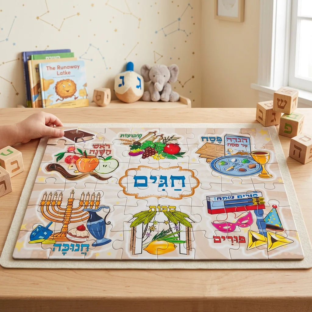 Child assembling Jewish holidays puzzle on playroom table