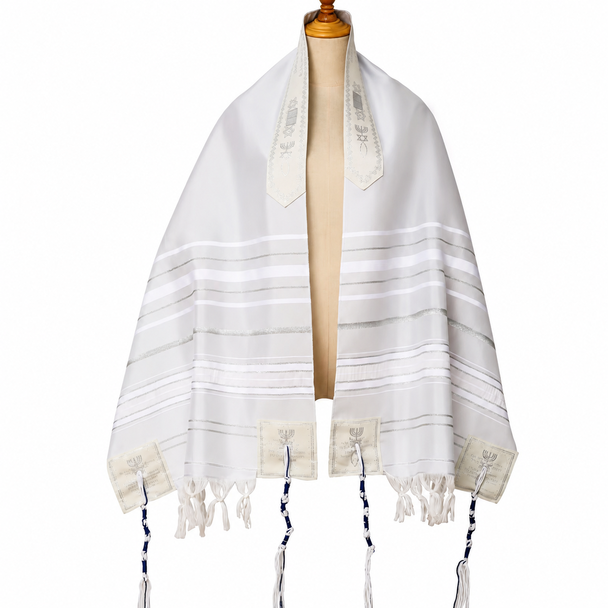 Silver tallit prayer shawl with Hebrew collar and Scripture patches