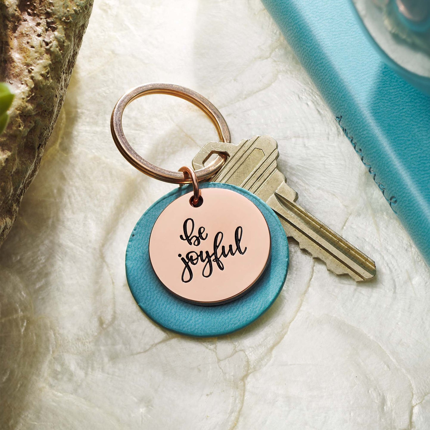 Be Joyful Rose Gold Key Ring with Teal Disc