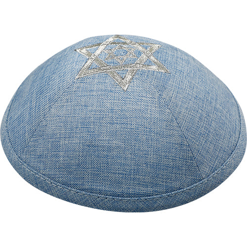 Blue Linen Fabric Kippah with Star of David Embroidery