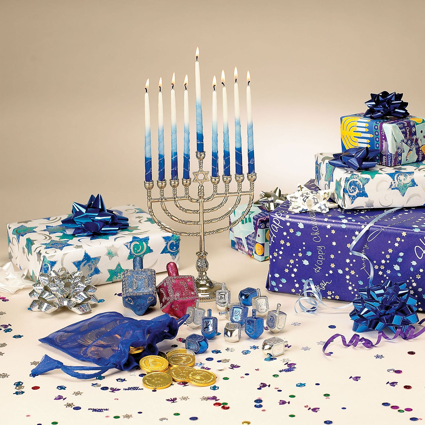 Polished silver menorah at a Chanukah party setup