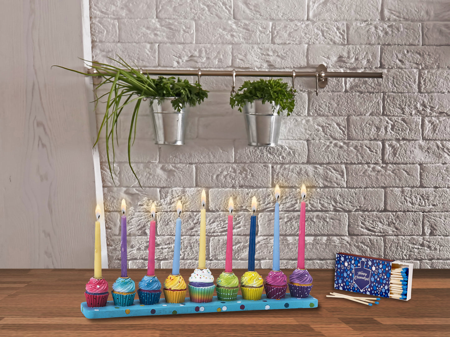 Multicolor Resin Cupcake Menorah displayed on a countertop