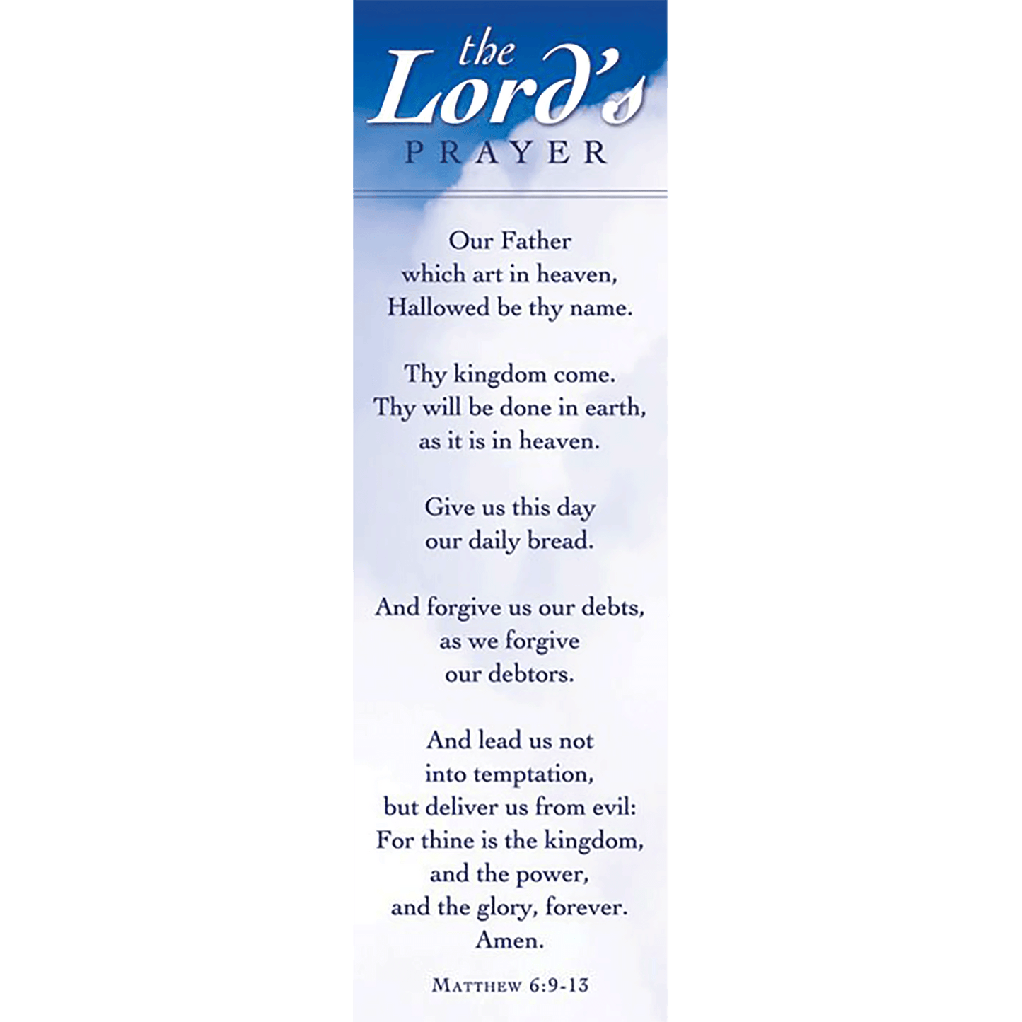 A bookmark featuring the Lord's Prayer from Matthew 6:9-13, printed in a vertical layout on a blue and white background.