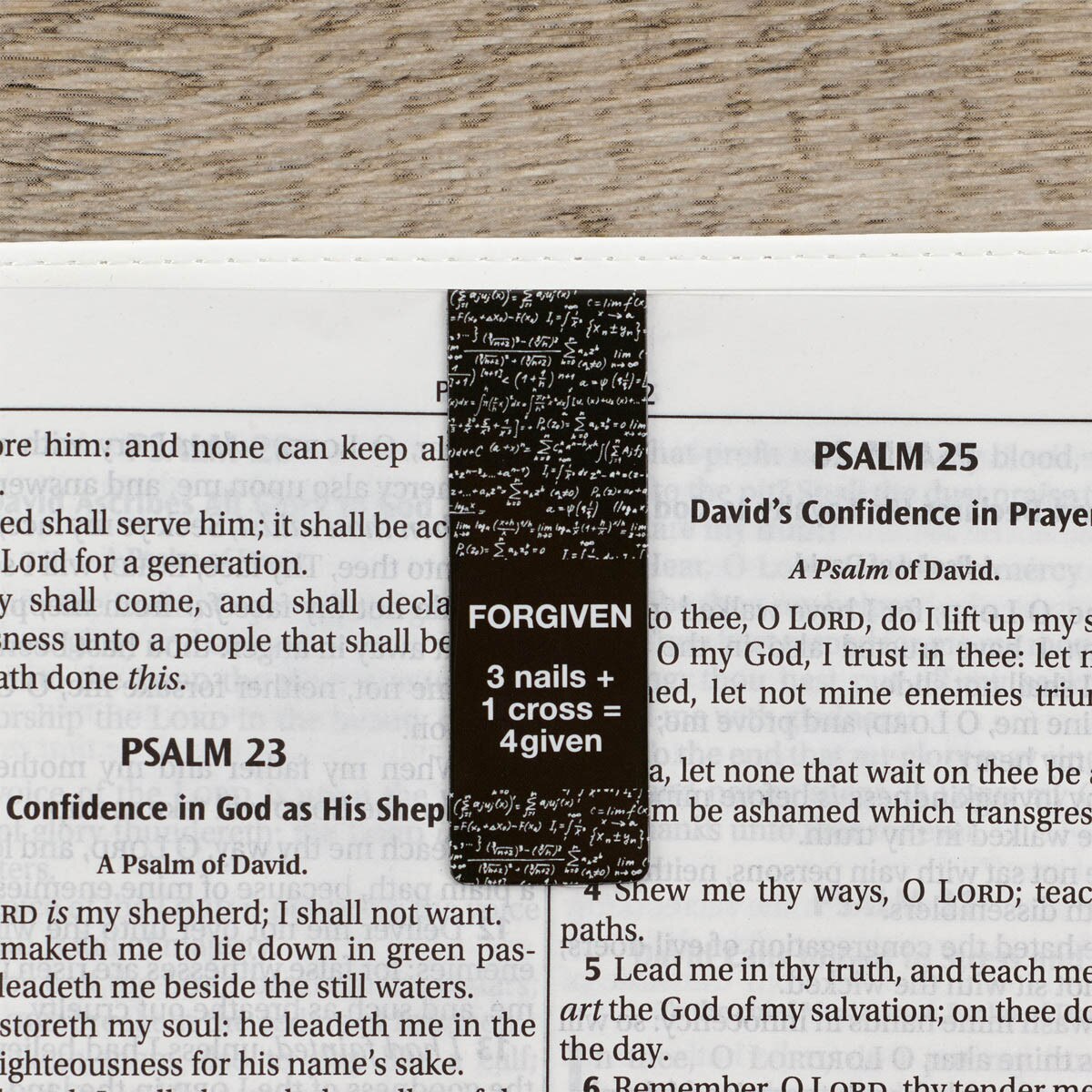 One of the bookmarks from the Black and White Magnetic Bookmarks set displayed in a Bible