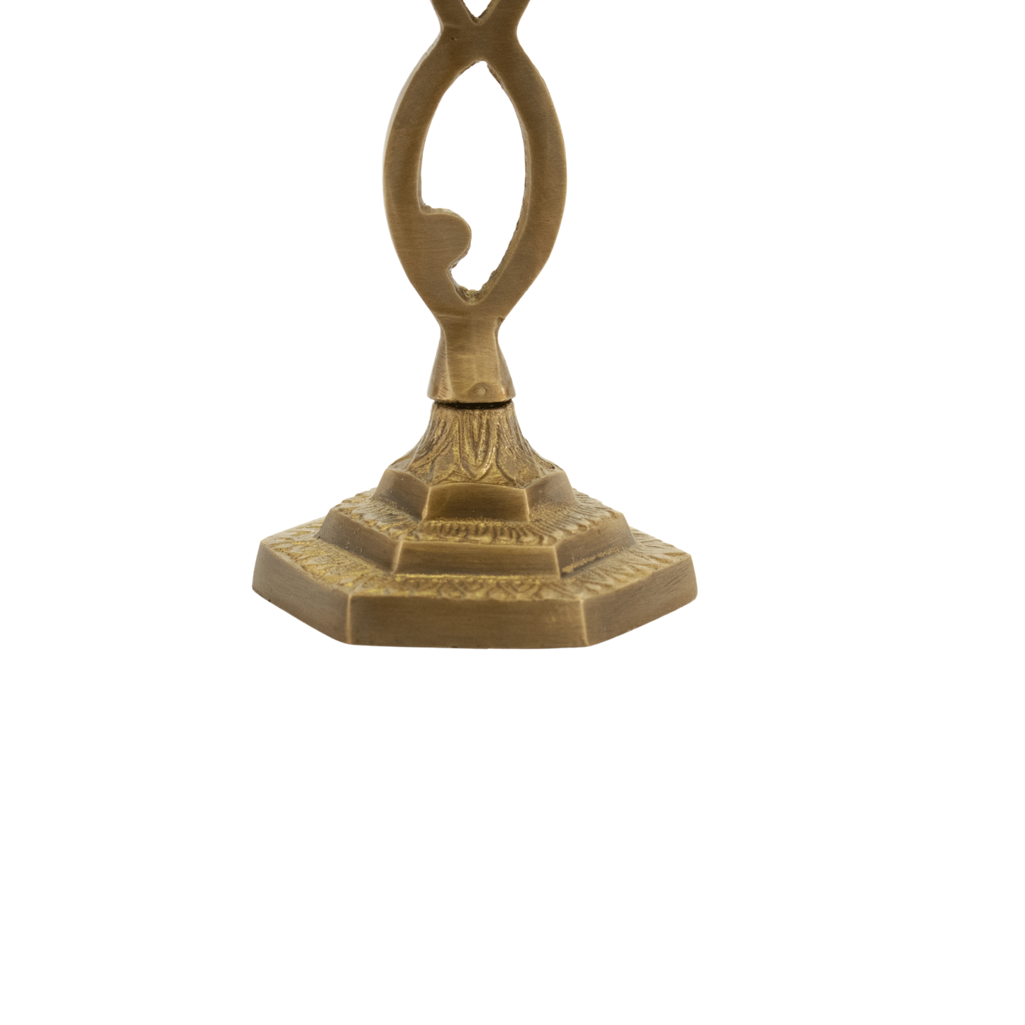 Eight and a half inch solid antique brass menorah with the grafted-in symbol along the stem