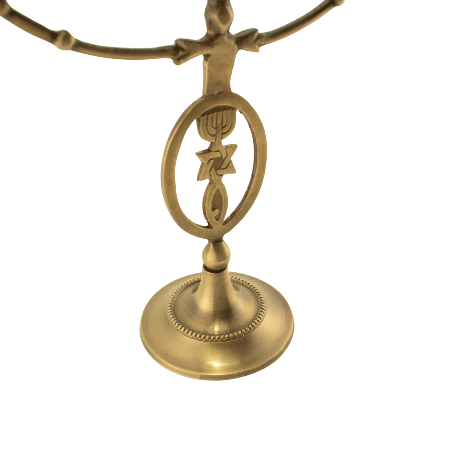 Twelve inch solid antique brass menorah with the grafted-in symbol along the stem