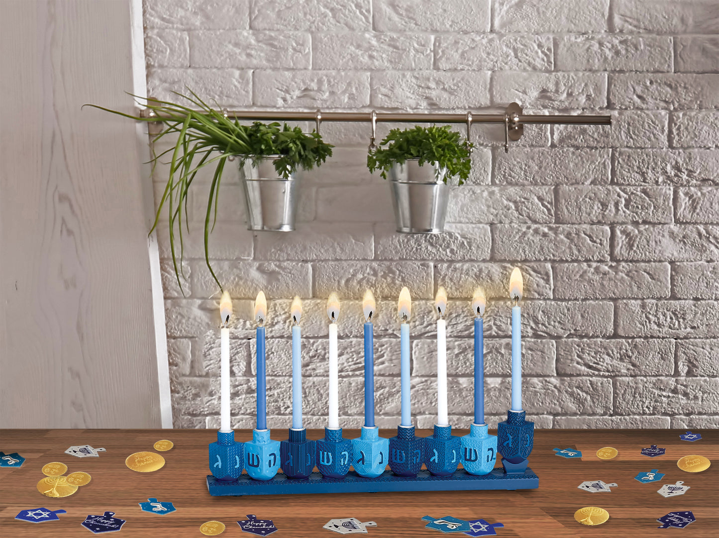 "Blue Dreidels" Hand-Painted Resin Menorah