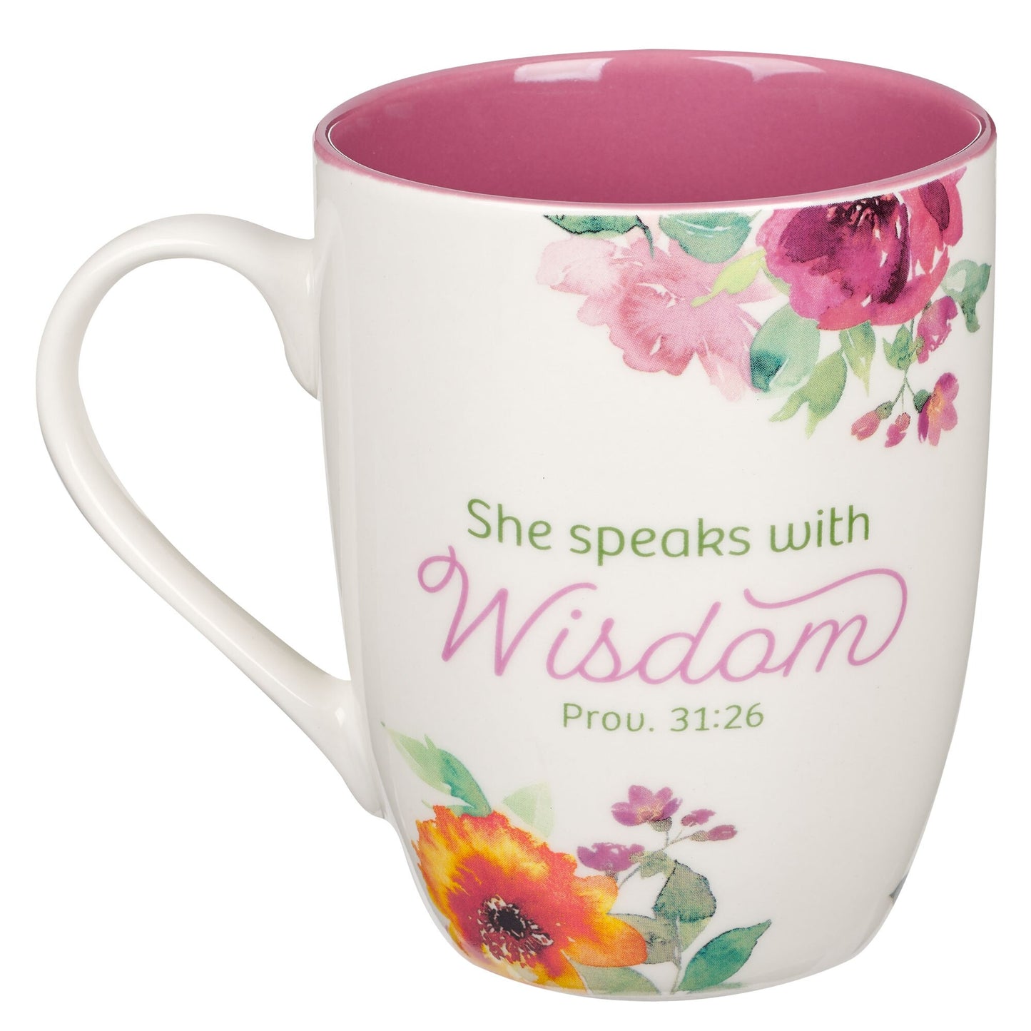 She Speaks With Wisdom Pink Floral Ceramic Coffee Mug - Proverbs 31:26
