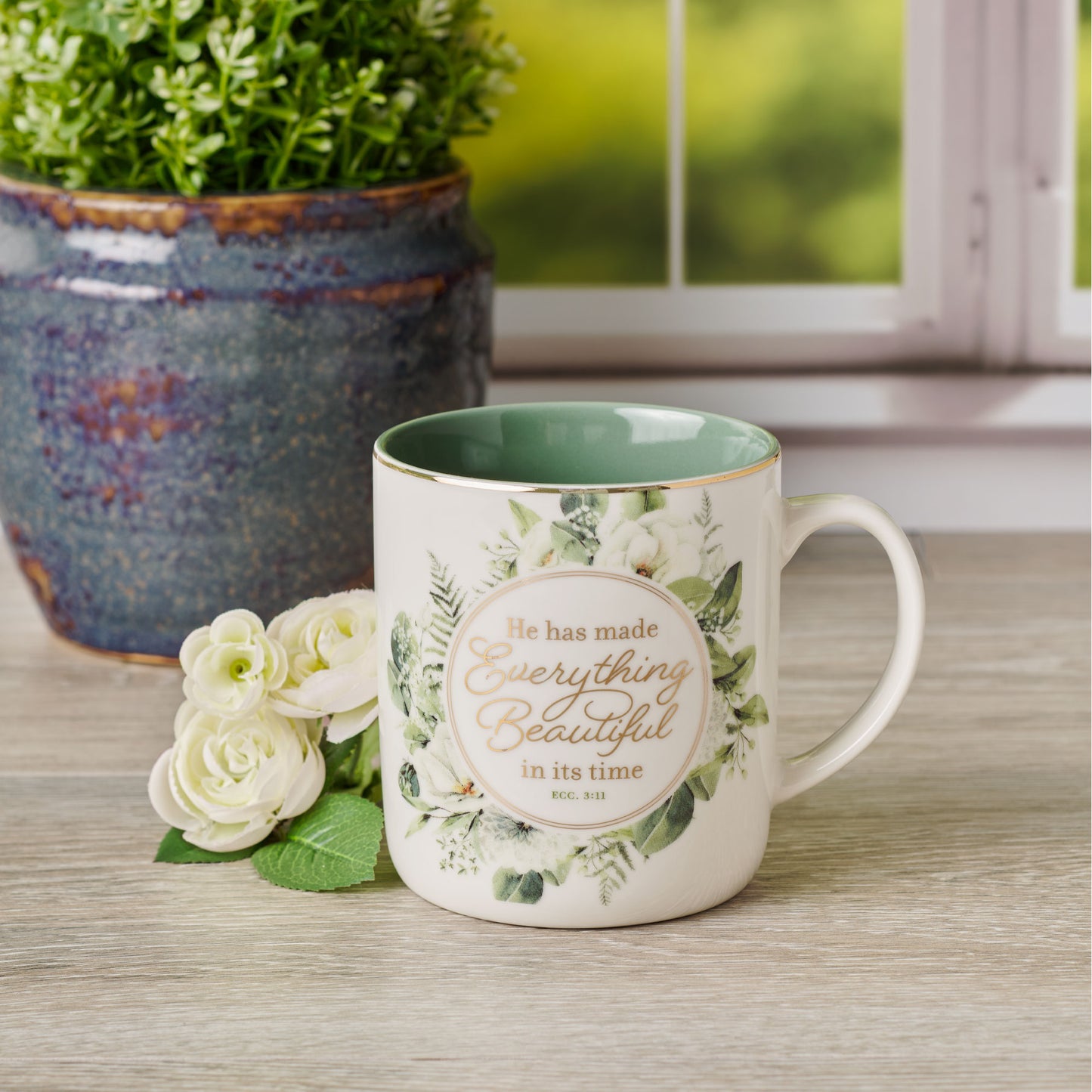 Everything Beautiful Green Wreath Ceramic Coffee Mug - Ecclesiastes 3:11