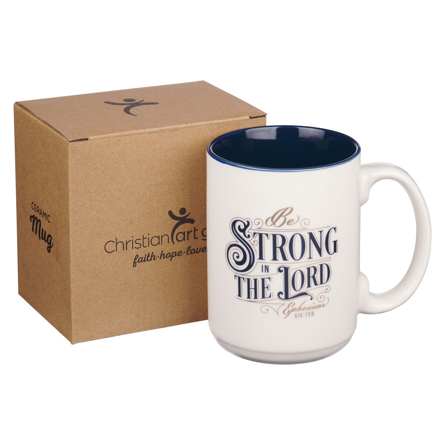 Be Strong in the Lord White and Navy Blue Ceramic Coffee Mug - Ephesians 6:10