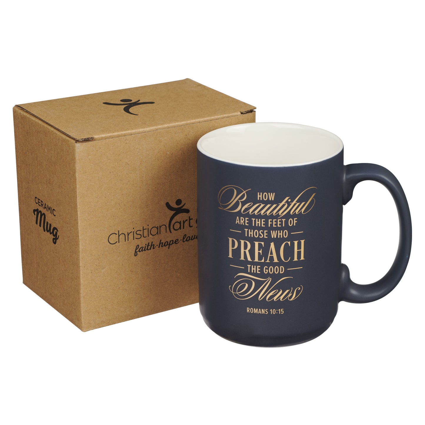 Beautiful Are the Feet Navy Ceramic Coffee Mug - Romans 10:15