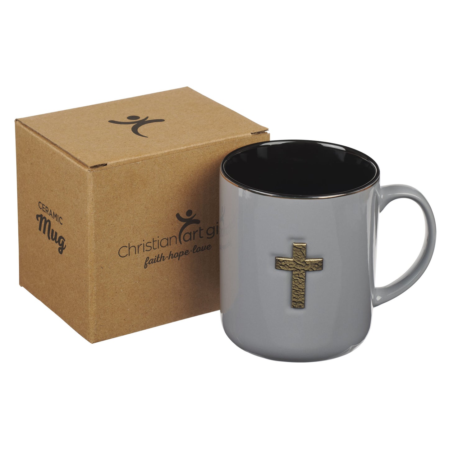 Gray Ceramic Coffee Mug with Metal Cross Inlay