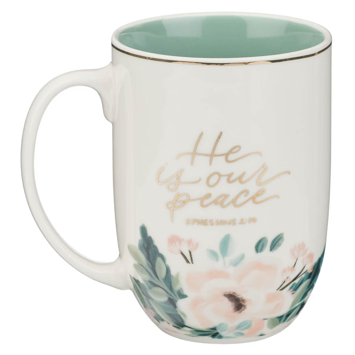 He Is Our Peace Green Floral Ceramic Coffee Mug – Ephesians 2:14