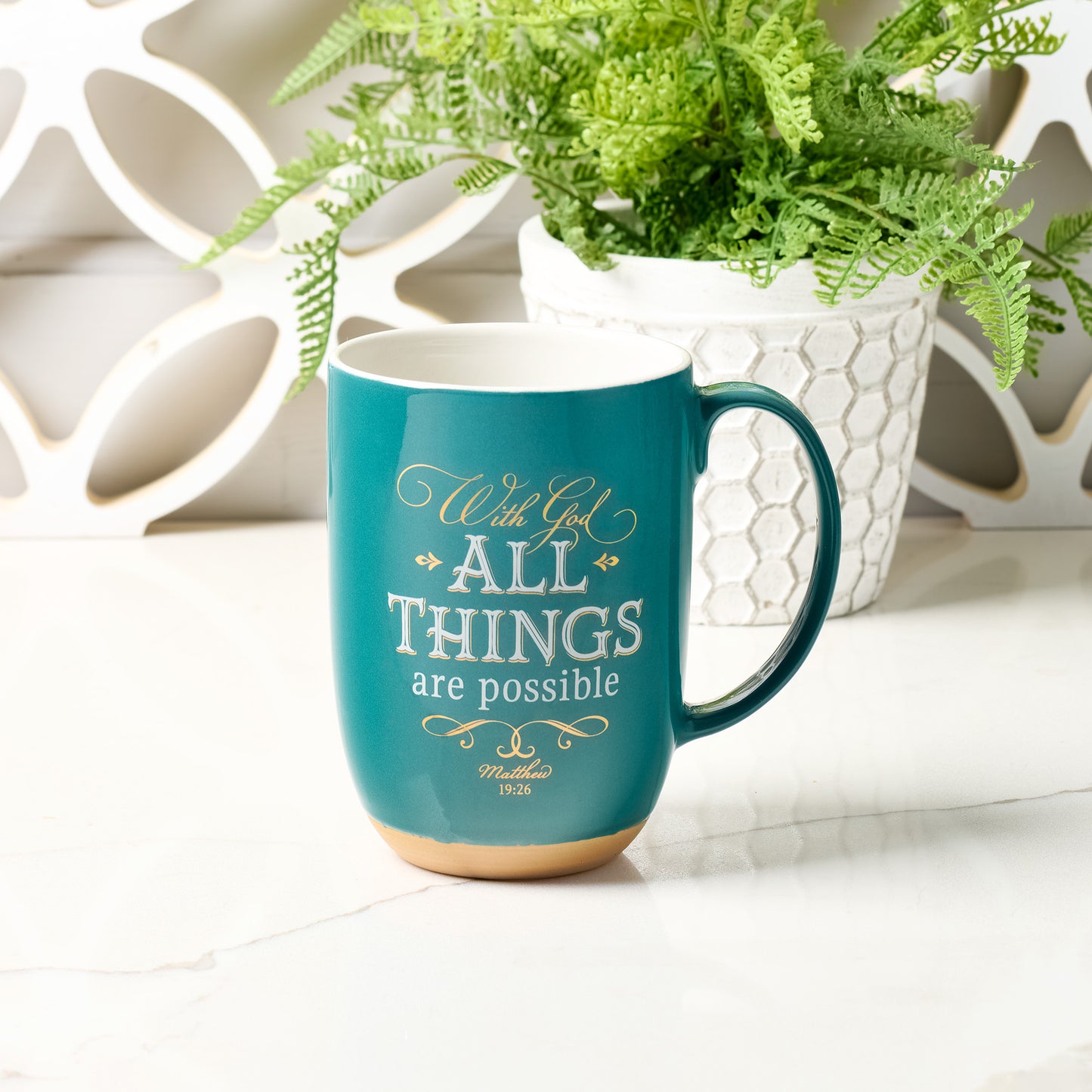 All Things are Possible Green Ceramic Coffee Mug with Exposed Clay Base - Matthew 19:26