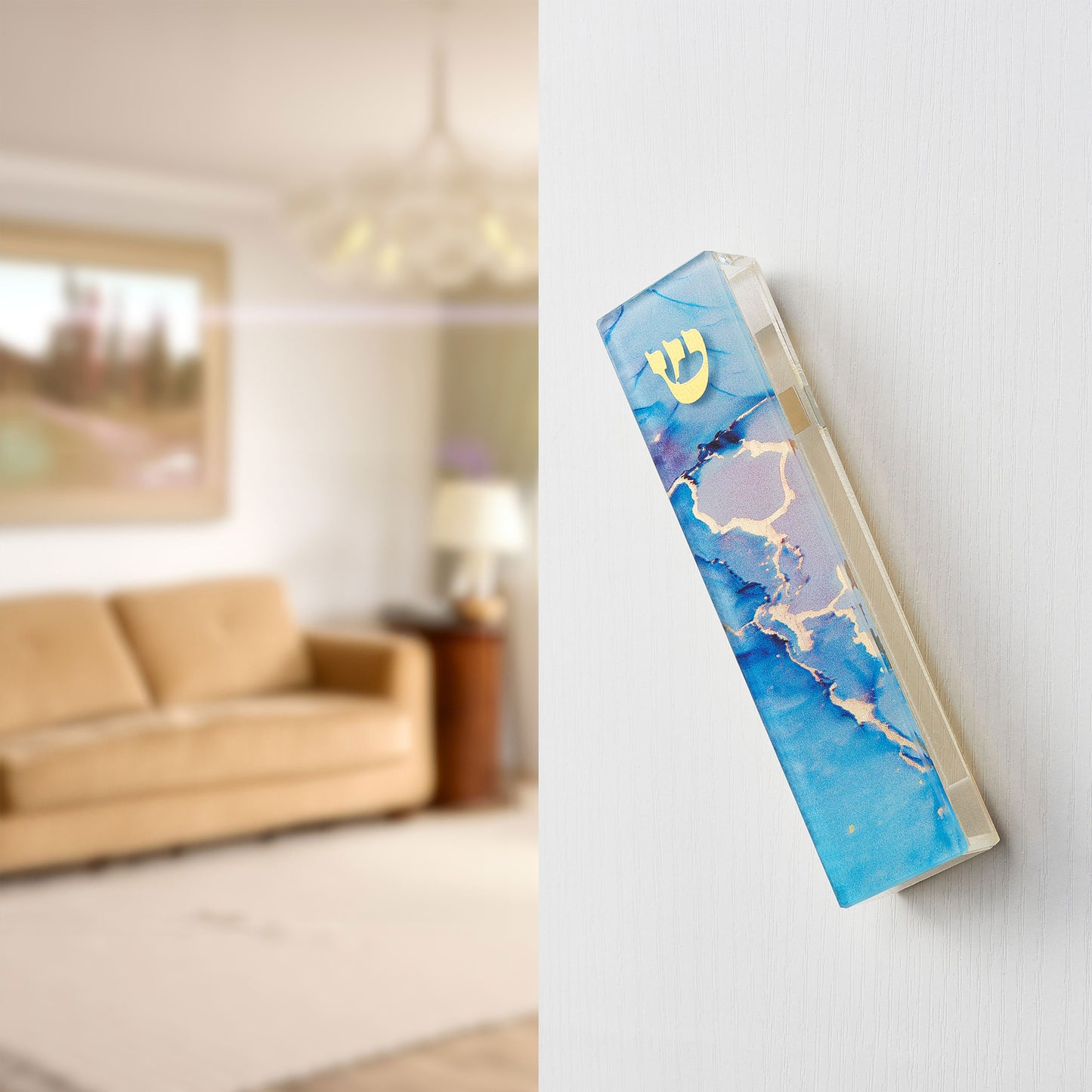 Blue marble glass mezuzah case mounted to a wall
