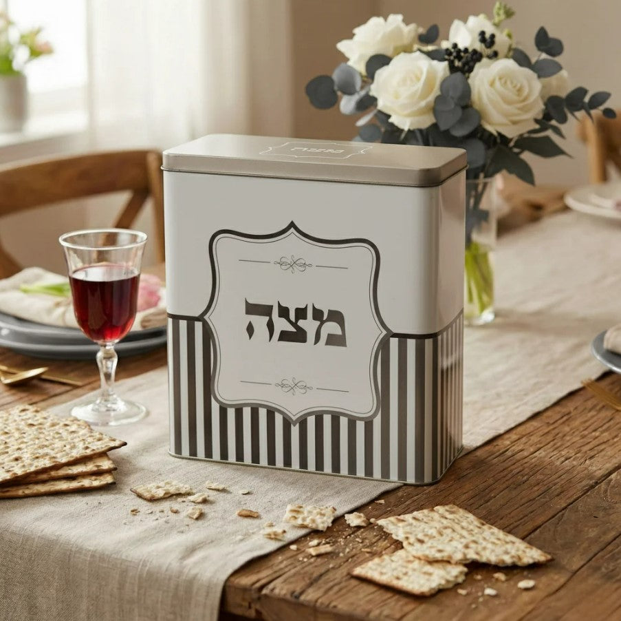 Gray Striped Metal Matzah Box