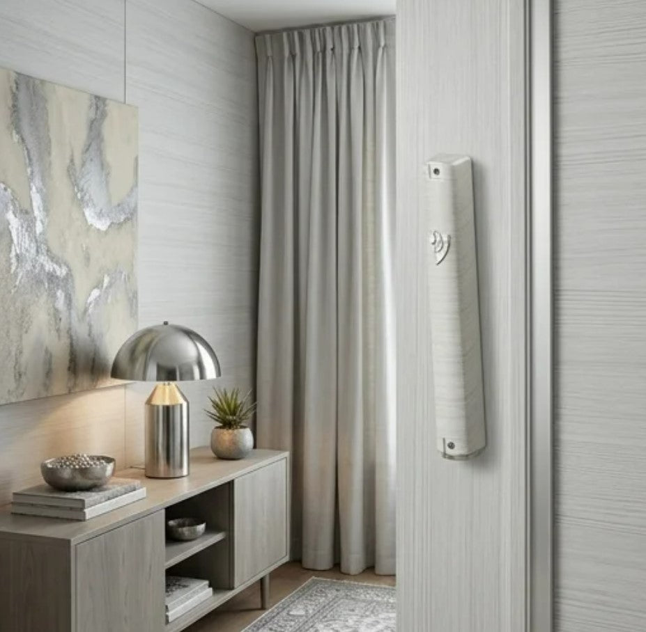 Metallic White and Silver Striped Plastic Mezuzah