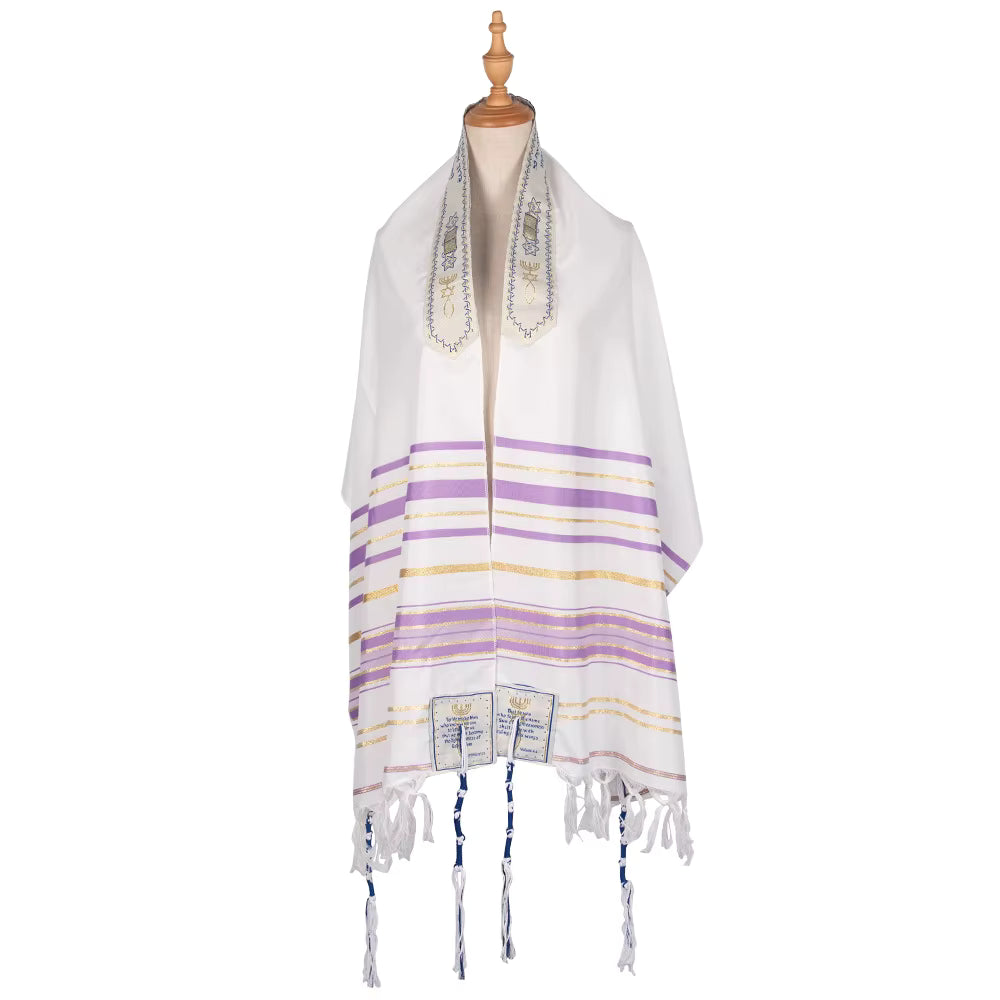 White prayer shawl with lilac and gold stripes on a wooden mannequin