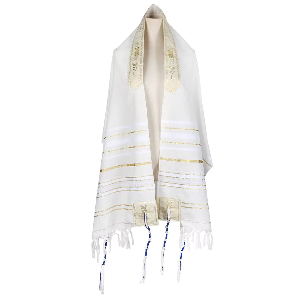 White prayer shawl with gold stripes and fringes