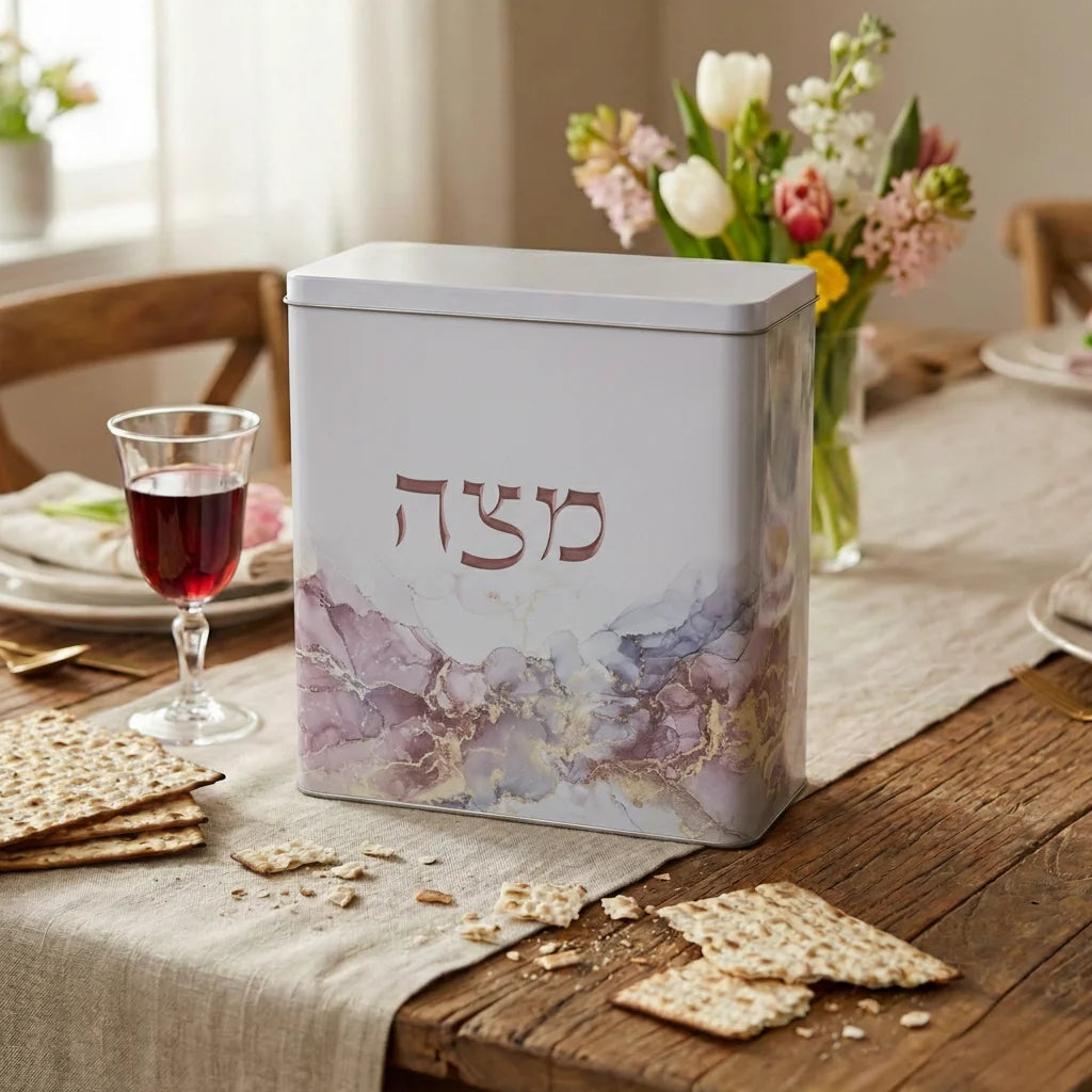 Purple marble matzah box displayed on Passover table with matzah