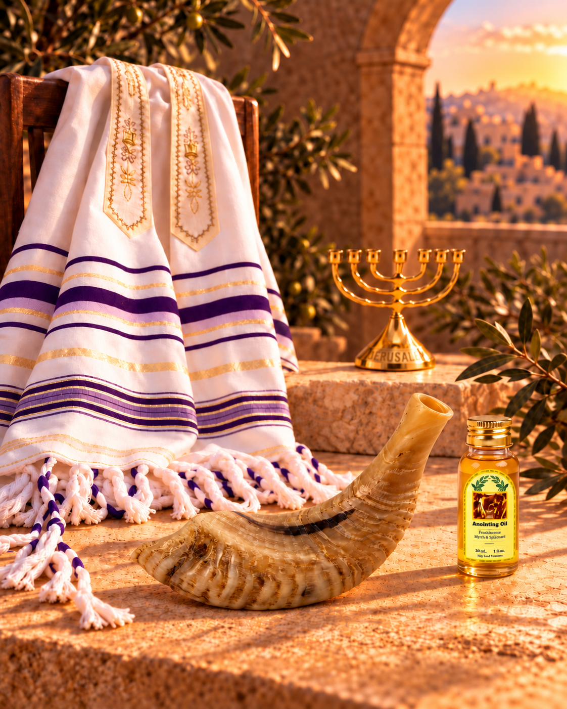 Shofar Gift Set with Prayer Shawl, Anointing Oil & Menorah