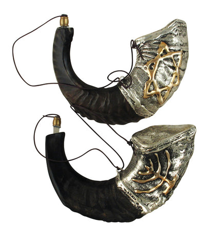 Anointing Oil Ram Shofar 14" - 17" - Silver Plated Menorah and Star of David Design