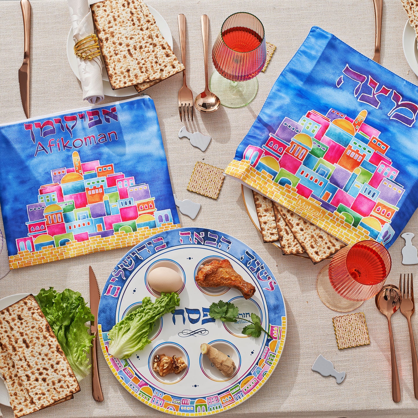 "Jerusalem Scene" Afikoman Bag at a Passover Seder place setting