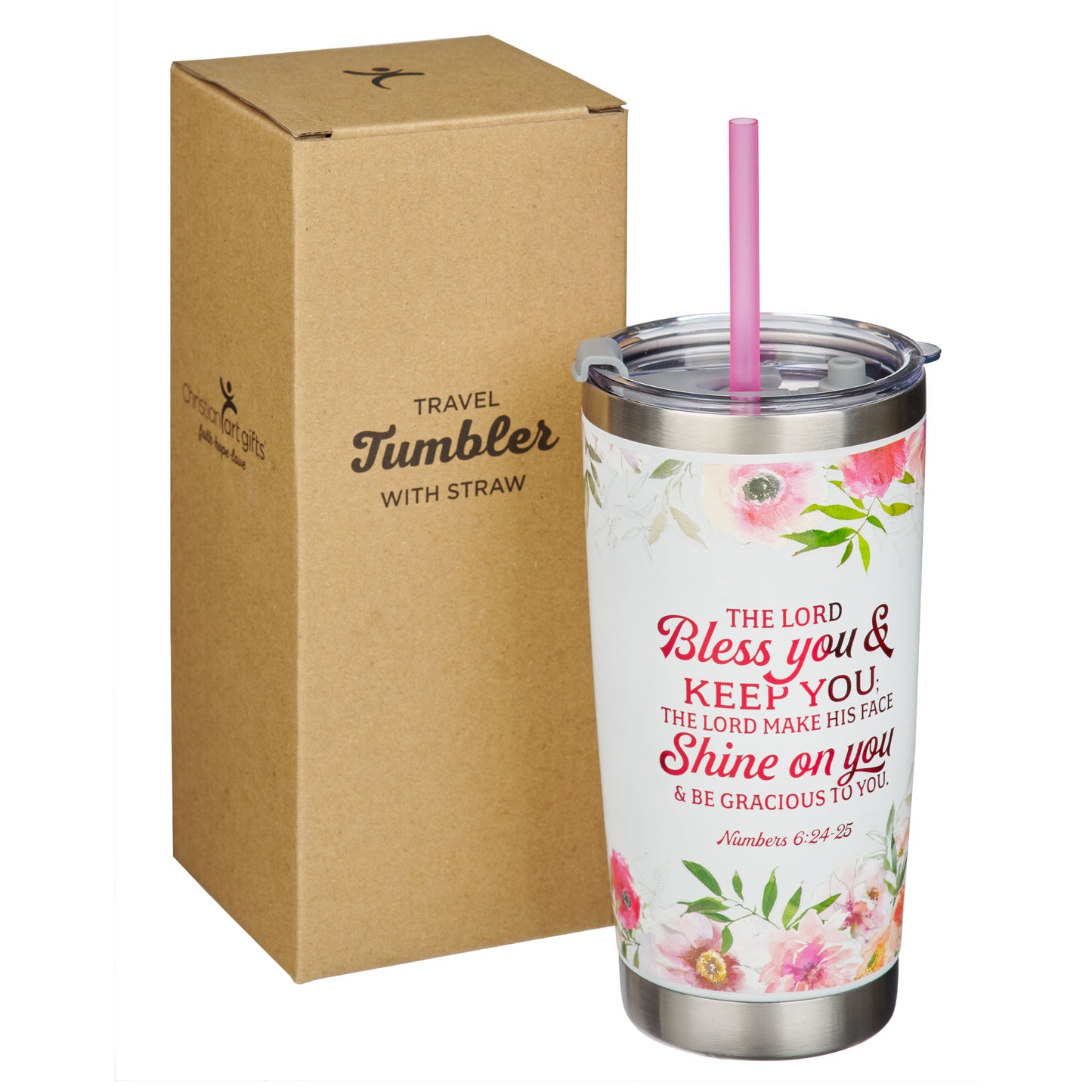 Bless You and Keep You White Floral Stainless Steel Travel Tumbler with Straw - Numbers 6:24-2
