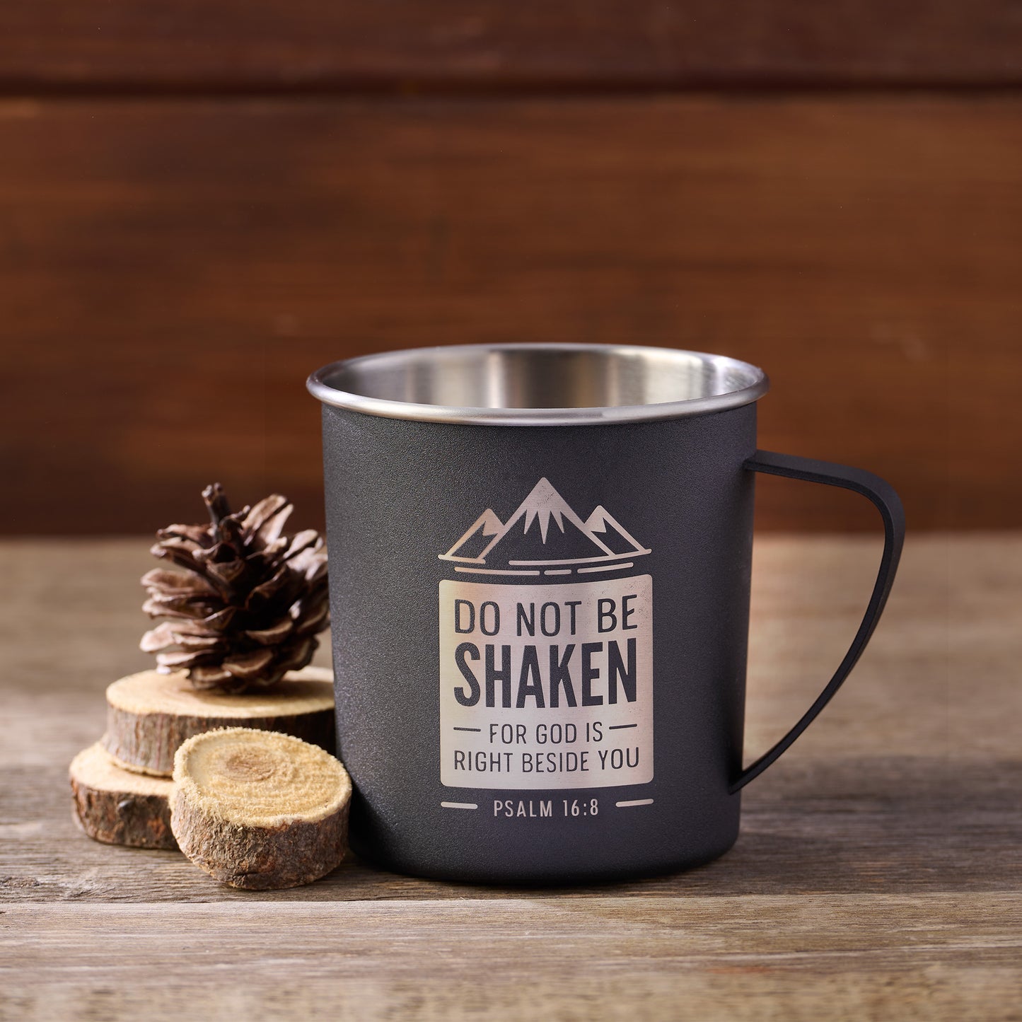 Do Not Be Shaken Black Camp-style Stainless Steel Mug - Psalm 16:8