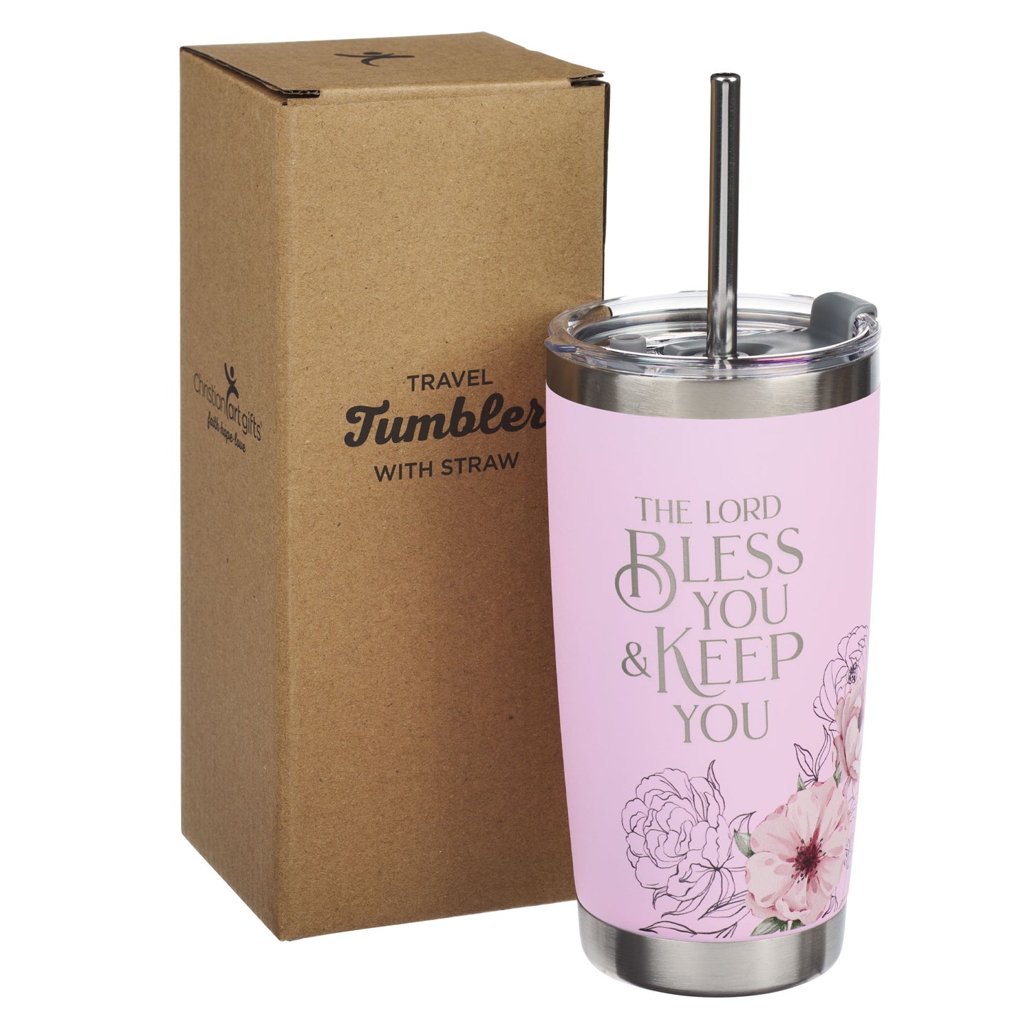 Bless You and Keep You Pink Floral Stainless Steel Travel Tumbler with Stainless Steel Straw - Numbers 6:24