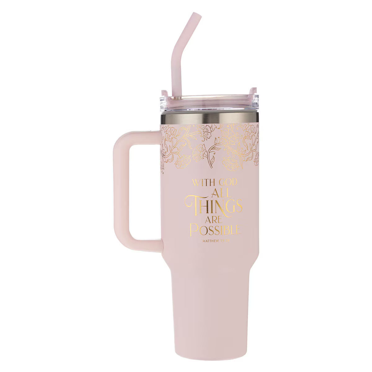 Things Are Possible Blush 40 oz Stainless Steel Tumbler with Straw - Matthew 19:26