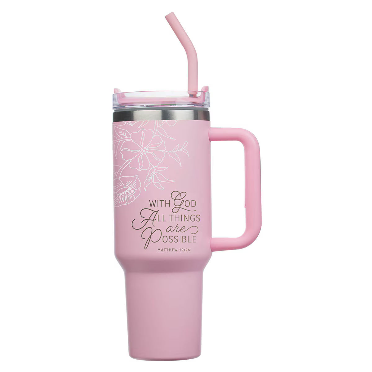Things Are Possible Pink Poppy Stainless Steel Tumbler with Straw - Matthew 19:26