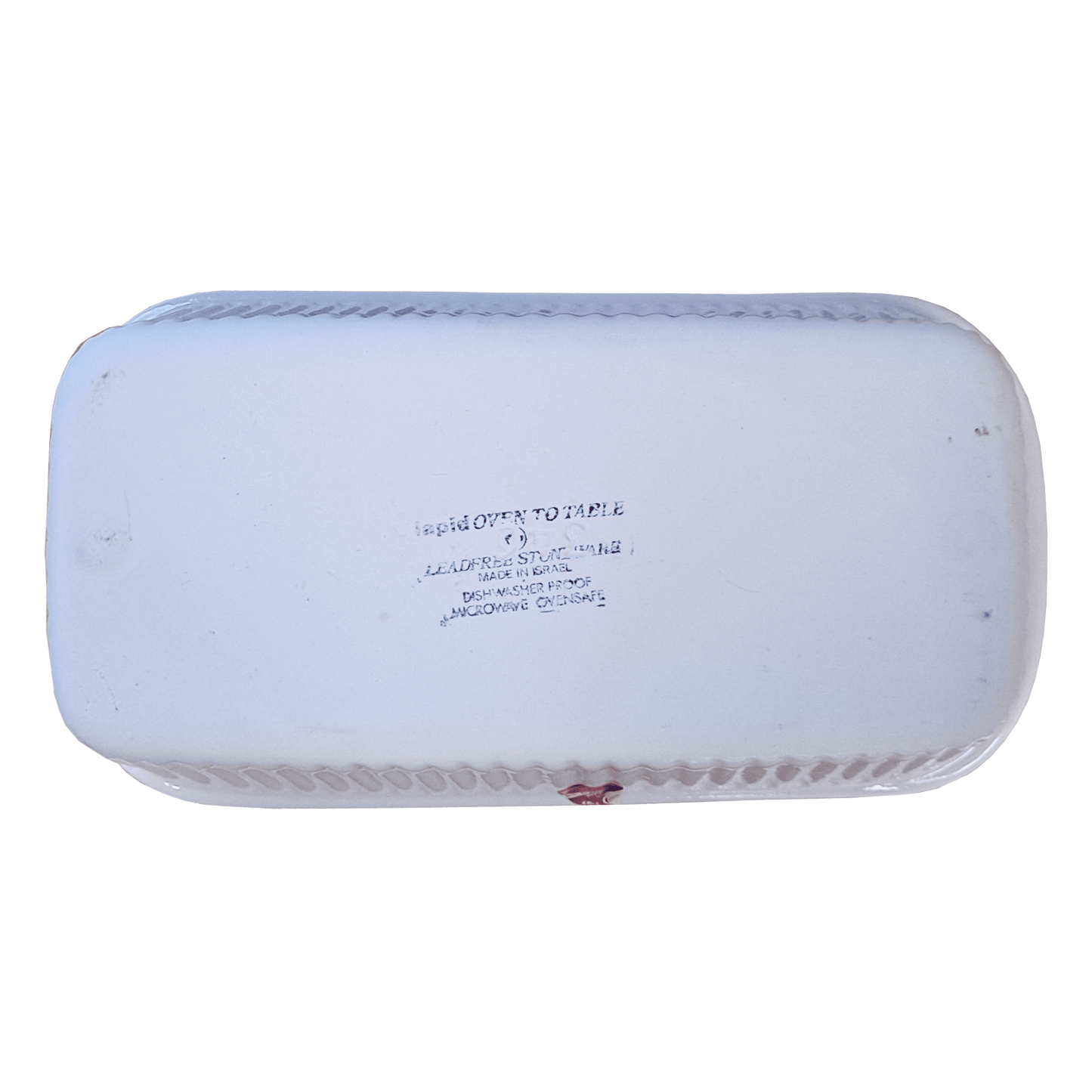 Soft-white rectangular dish made of Lapid stoneware with a multicolored circular design in the bottom of the dish