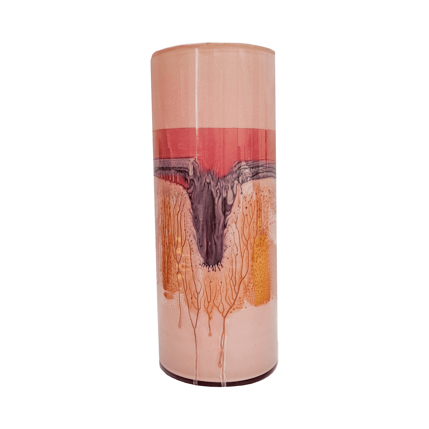 Handmade acid washed glass vase with shades of coral, orange and purple