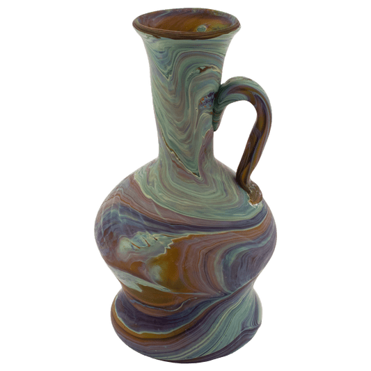 Phoenician glass vase with swirls of amber and blue and purple tones with handle