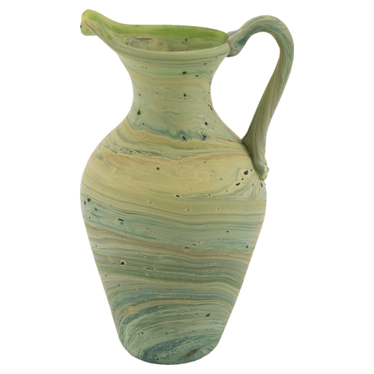 Phoenician Glass Pitcher with spout and handle green, blue, and yellow swirls