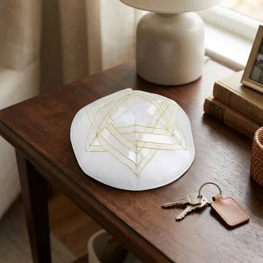 White Satin Kippah with Gold Star of David Design