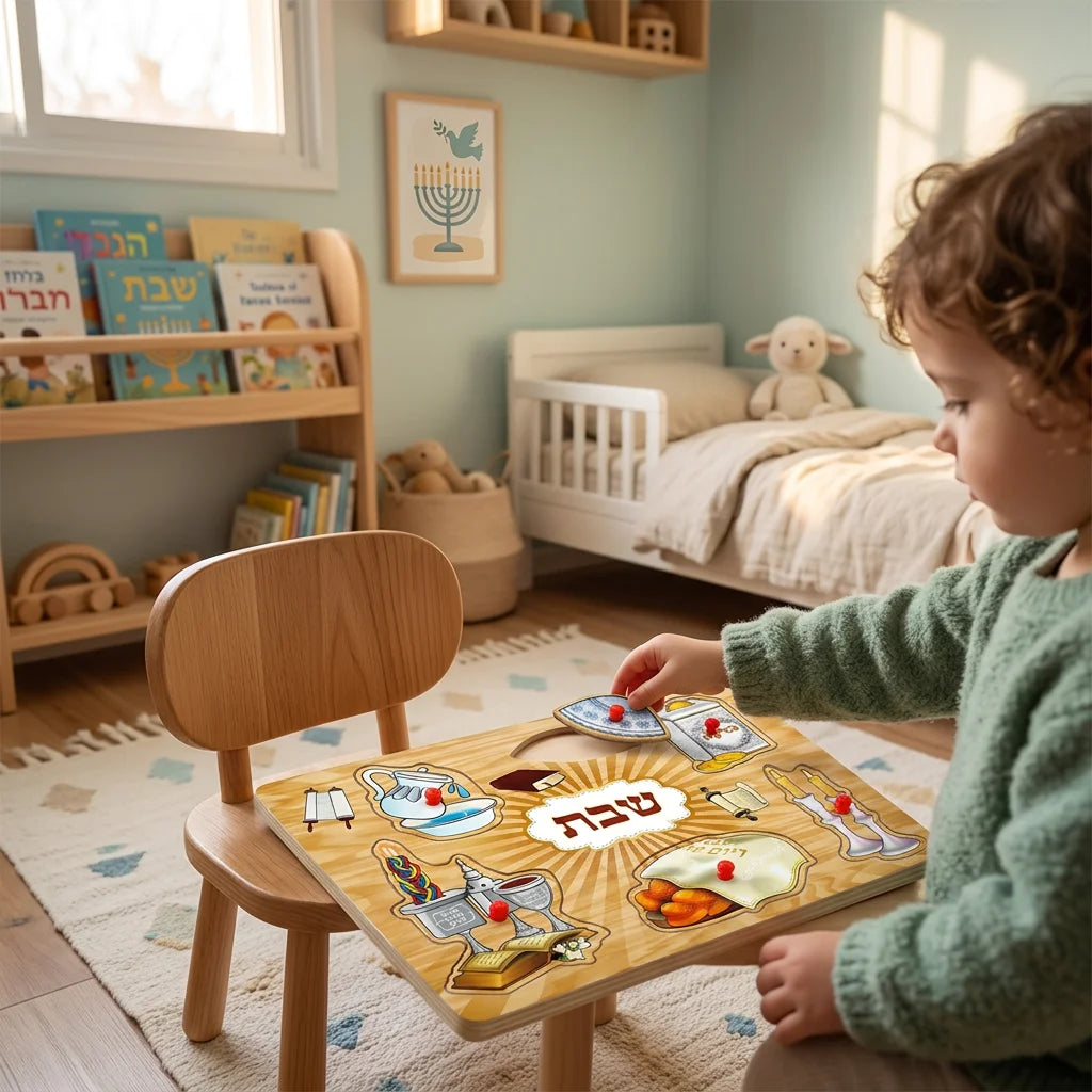 Child playing with Shabbat wooden peg puzzle on table