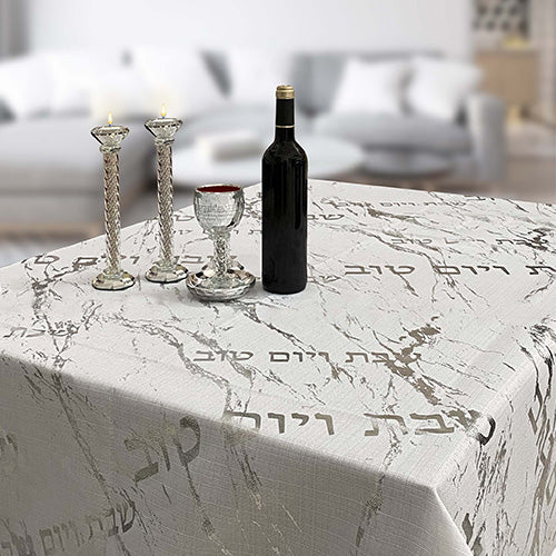 Marble-Design Shabbat Tablecloth with Silver Accents