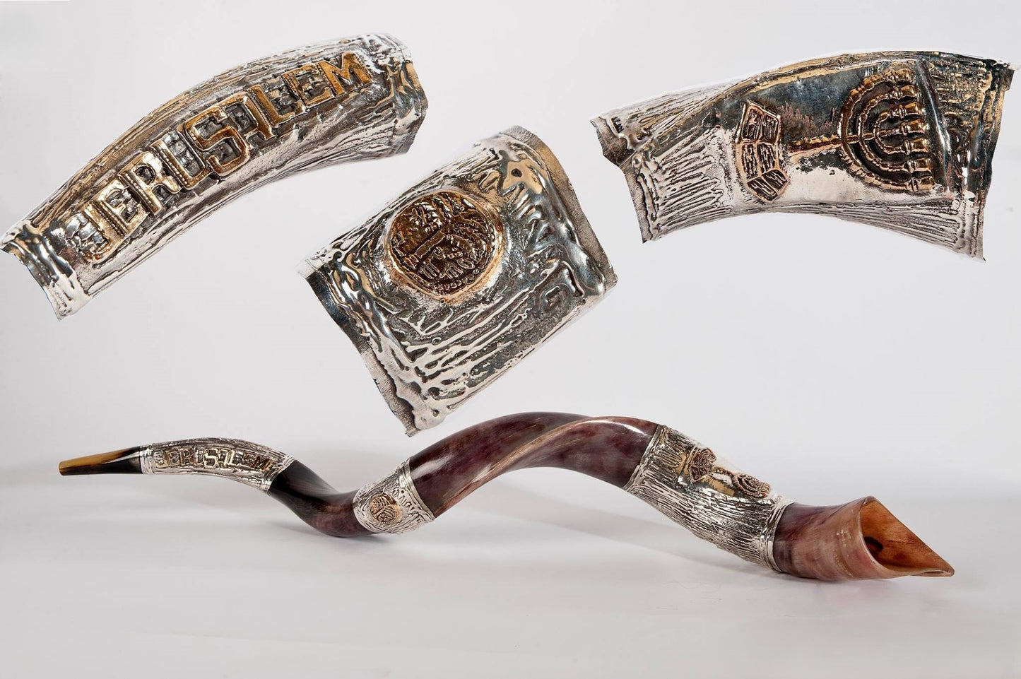 Yemenite Shofar 40" - 42" - Silver Plated Jerusalem Motif