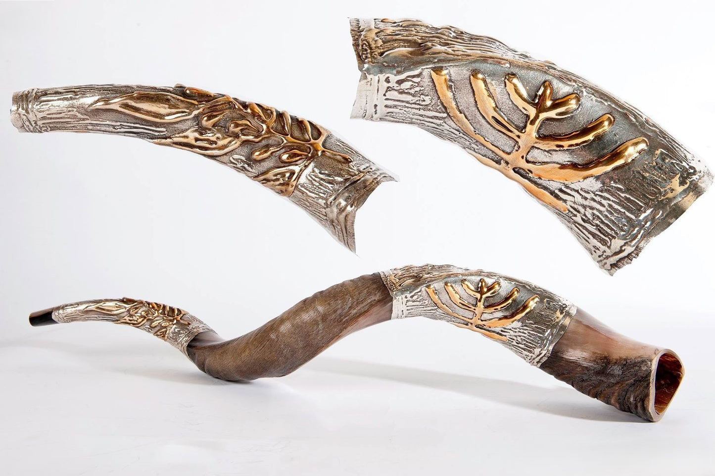 Yemenite Shofar 40" - 42" -Sliver Plated Menorah and Olive Branch Design