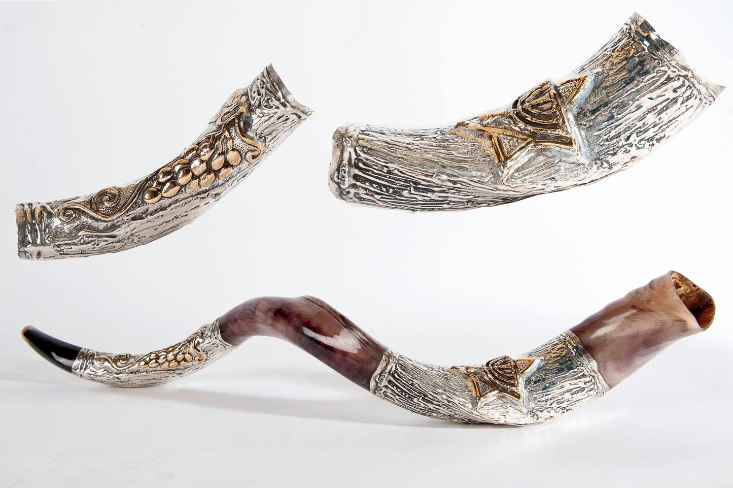 Yemenite Shofar 40" - 42" - Silver Plated Star of David and Grapevine Design