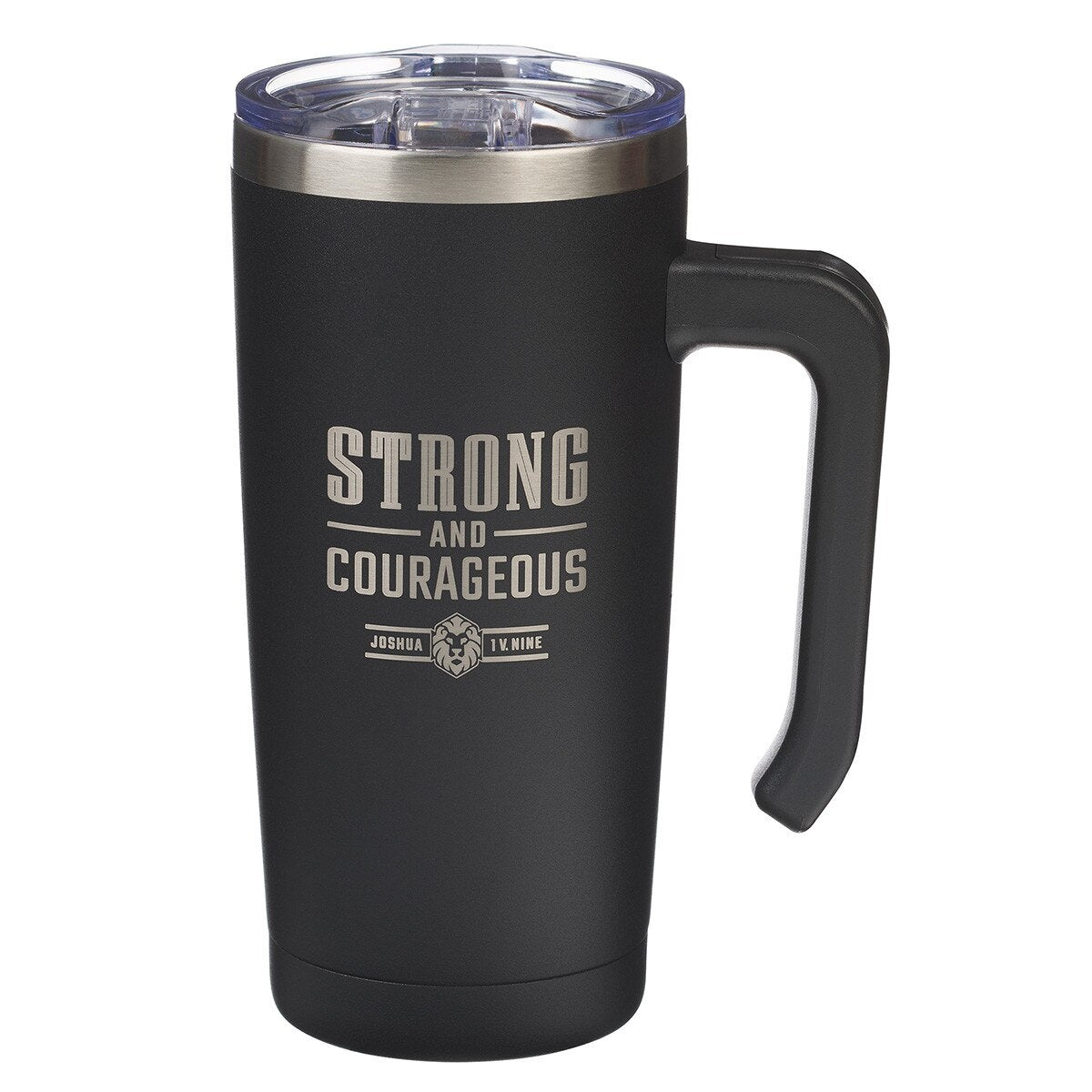 Black stainless steel travel mug with handle and 'Strong and Courageous' text in silver print