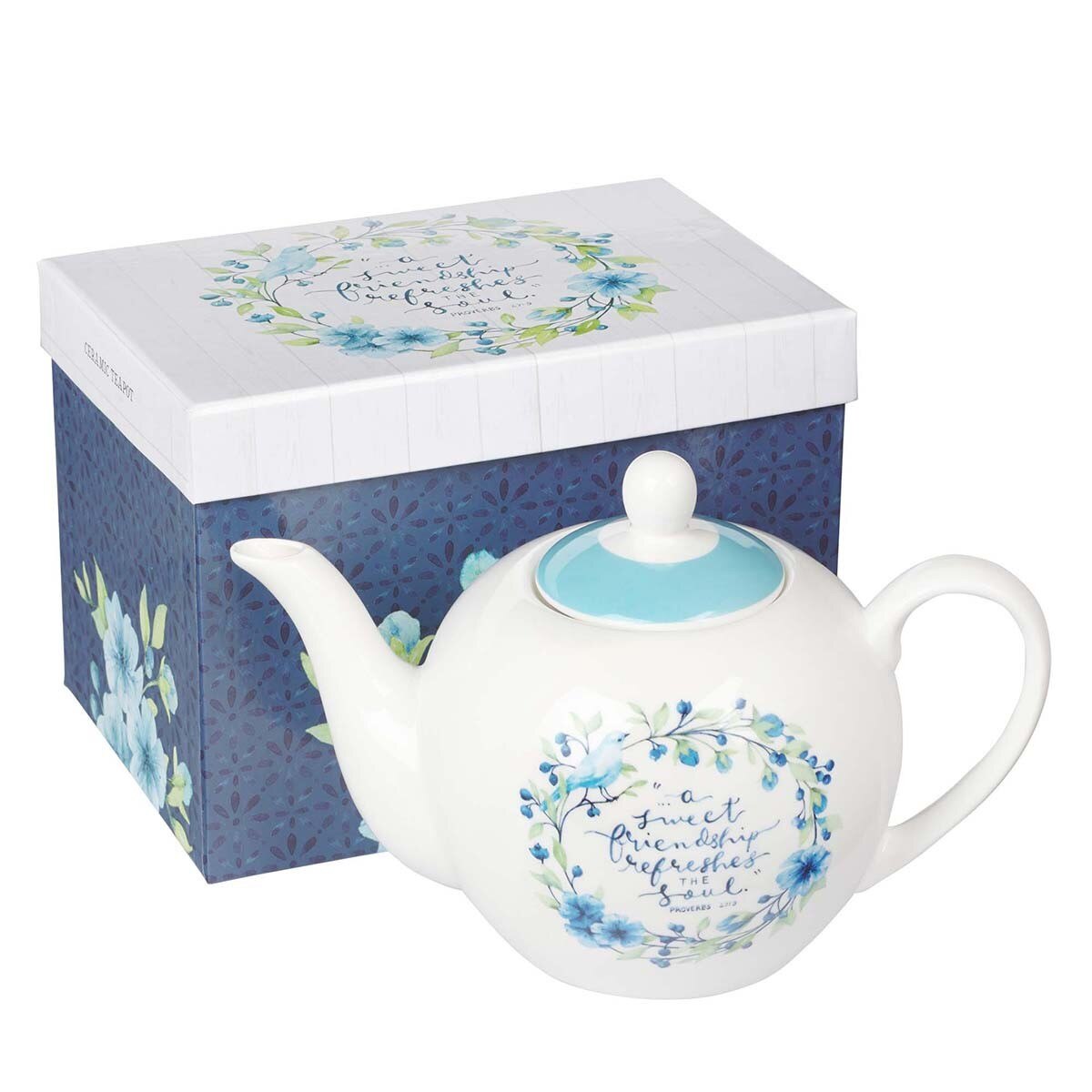 The blue and white Sweet Friendship Ceramic Teapot with a gift box