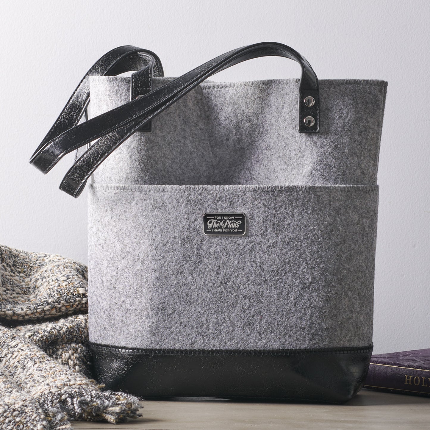 The Plans Heather Gray Felt and Black Faux Leather Fashion Bible Tote Bag - Jeremiah 29:11