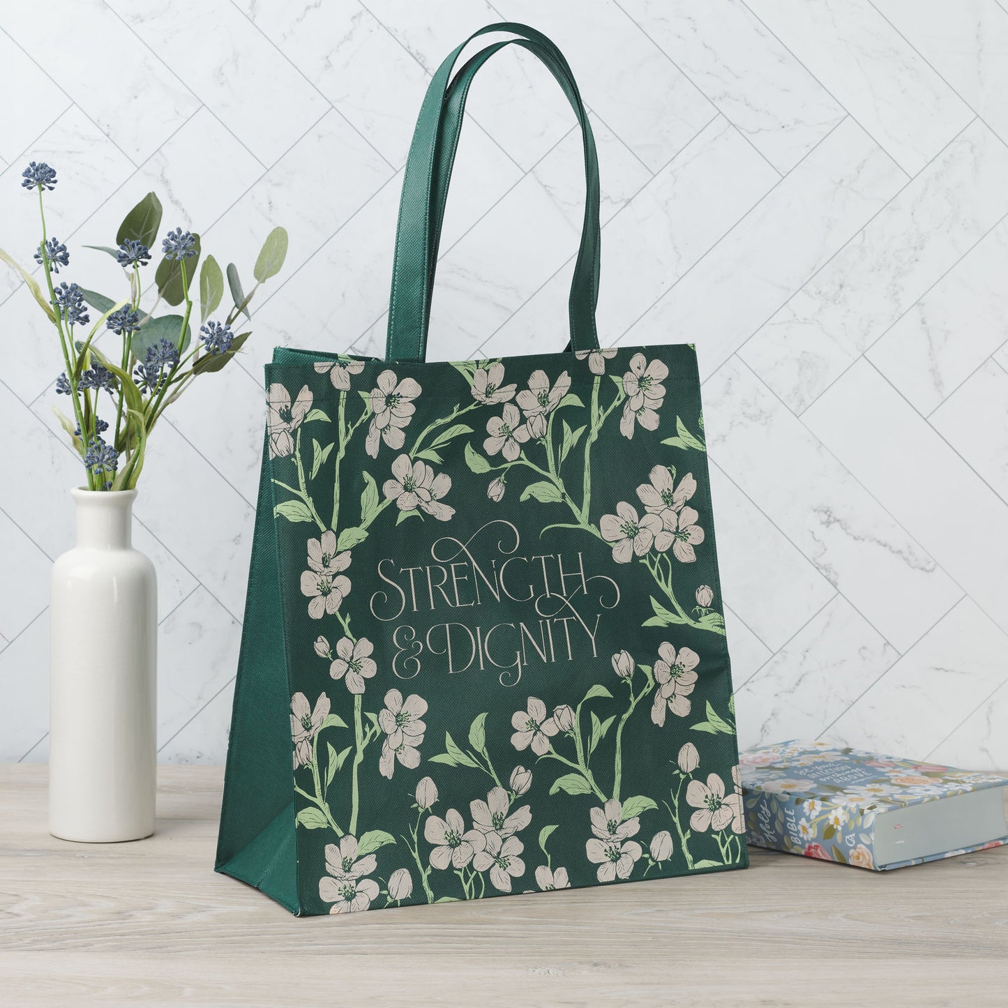Strength and Dignity Green Floral Reusable Non-woven Shopping Tote Bag - Proverbs 31:25