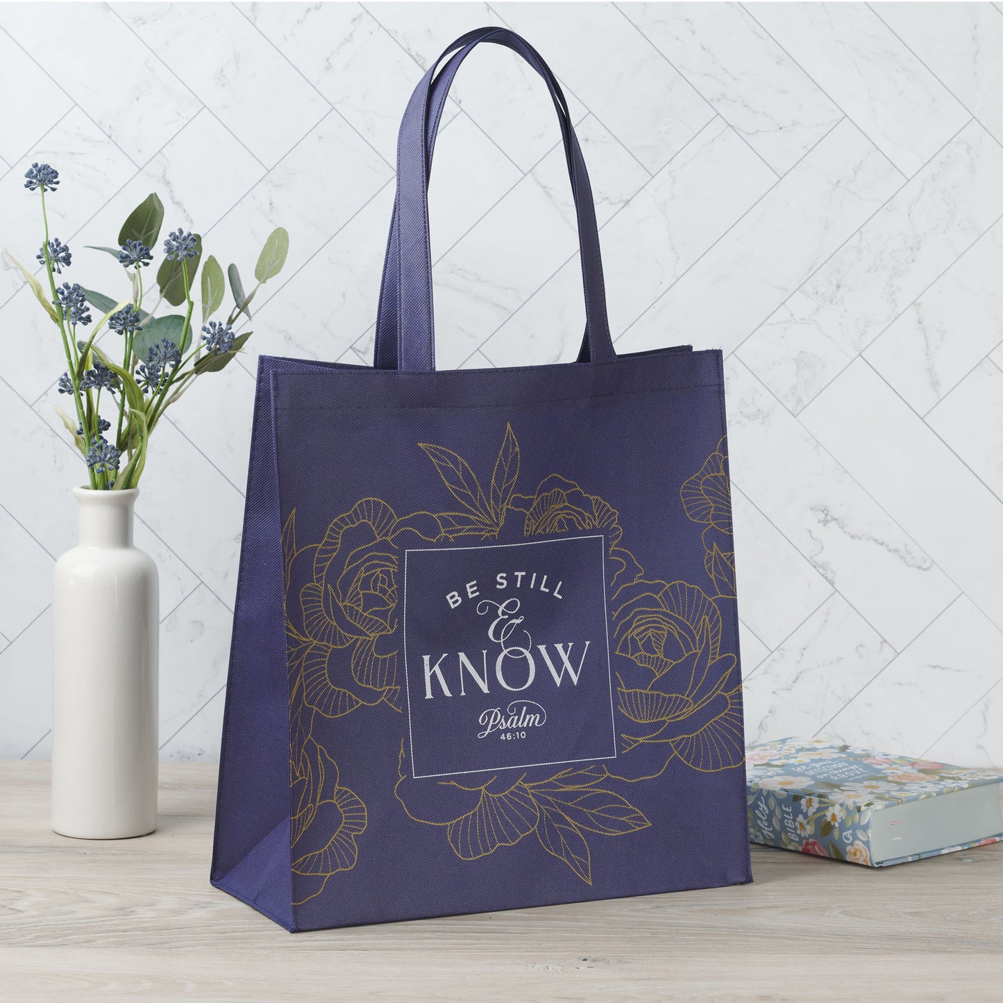 Be Still Navy Reusable Non-woven Shopping Tote Bag - Psalm 46:11