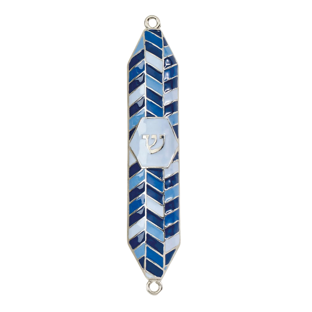 Geometric Blue Enameled Mezuzah-5"
